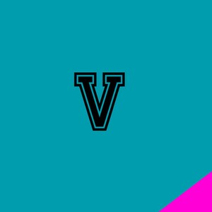 May include: Black and white letter V with a bold outline against a turquoise background.