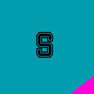 May include: Black and white letter S with a bold outline, against a turquoise background.