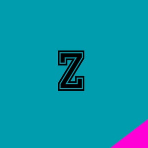 May include: A black letter Z with a white outline on a turquoise background. The background is split diagonally with a pink section at the bottom right.