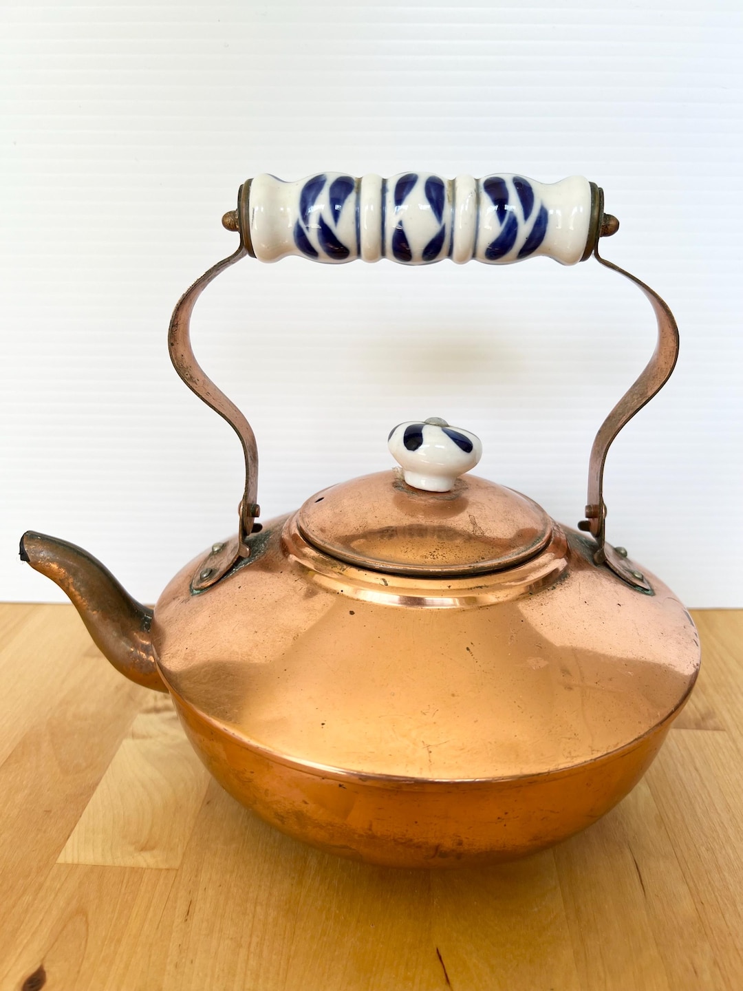 Vintage Copper Tea Kettle/ Pot With Ceramic Handle and Ceramic