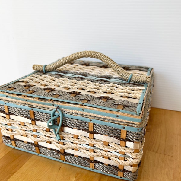 Vintage Sewing Box, made in Japan, woven raffia