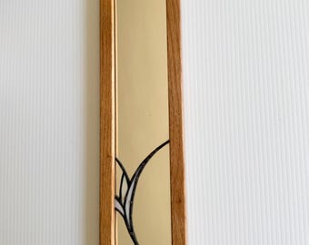 Vintage Wood Stained Glass Long Oval Mirror, Flower/Lily/Tulip Wall Hanging