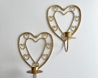 Vintage pair of gold tone heart candle holder, set of 2 sconces