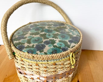 Vintage Sewing Box, made in Japan, woven raffia