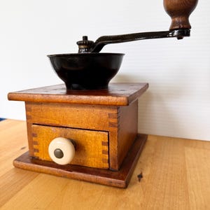 Antique Wooden and Cast Iron Coffee Bean,  Mill Grinder with Dovetailed Drawer