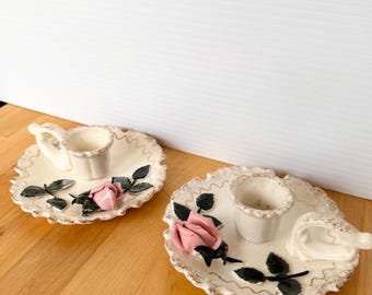 Vintage Lefton Ceramic Pink Rose Candlestick Holders
