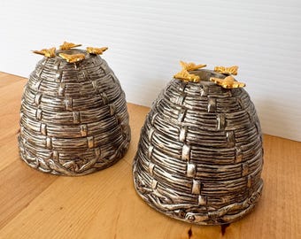 Set of 2 Vintage Godinger Silverplate Beehive Shaped Candlestick Holders With Tiny Goldtone Bees