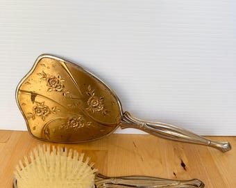 Antique/ Vintage  Gold Toned Rose Floral 2-Piece Vanity Set Mirror & Brush