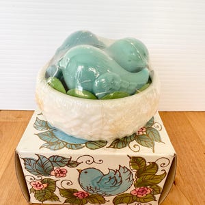 Puede incluir: Un juego de jabones con forma de p&aacute;jaro en un cuenco blanco con hojas verdes, envuelto en pl&aacute;stico transparente. El cuenco est&aacute; sobre una caja decorada con una ilustraci&oacute;n de p&aacute;jaro azul, flores rosas y hojas verdes.