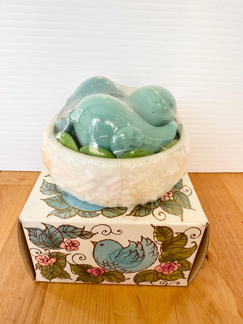 Puede incluir: Un juego de jabones con forma de p&aacute;jaro en un cuenco blanco con hojas verdes, envuelto en pl&aacute;stico transparente. El cuenco est&aacute; sobre una caja decorada con una ilustraci&oacute;n de p&aacute;jaro azul, flores rosas y hojas verdes.