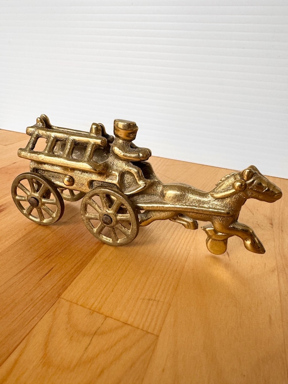 Vintage Brass Horse And Carriage, Moving Wheels