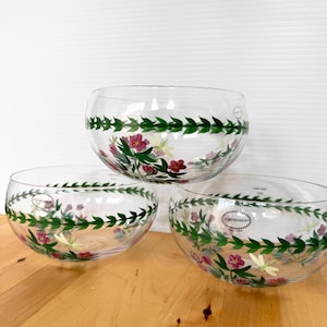 May include: Three clear glass bowls featuring a painted green leaf vine border around the rim and a floral pattern with pink flowers and yellow dragonflies. Each bowl has a circular Portmeirion sticker on the exterior surface of the glass.