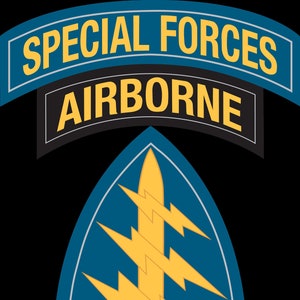 May include: A blue and gold Special Forces Airborne patch. The patch features a gold sword with three lightning bolts on a blue background. The words "SPECIAL FORCES" and "AIRBORNE" are displayed in gold lettering.