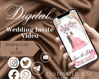 Pode incluir: Um vídeo de convite de casamento digital na tela de um smartphone. O vídeo apresenta uma ilustração em aquarela de um casal em pé sob um arco floral. O texto "Save the Date" é exibido com os nomes do casal e a frase "are getting married".