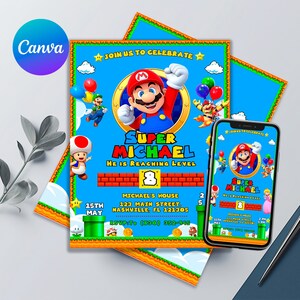 Invitación de cumpleaños de Mario Bros, tarjeta de cumpleaños de Super Mario, invitación de niño de Super Brothers, videojuego, invitación para niños, plantilla editable imprimible