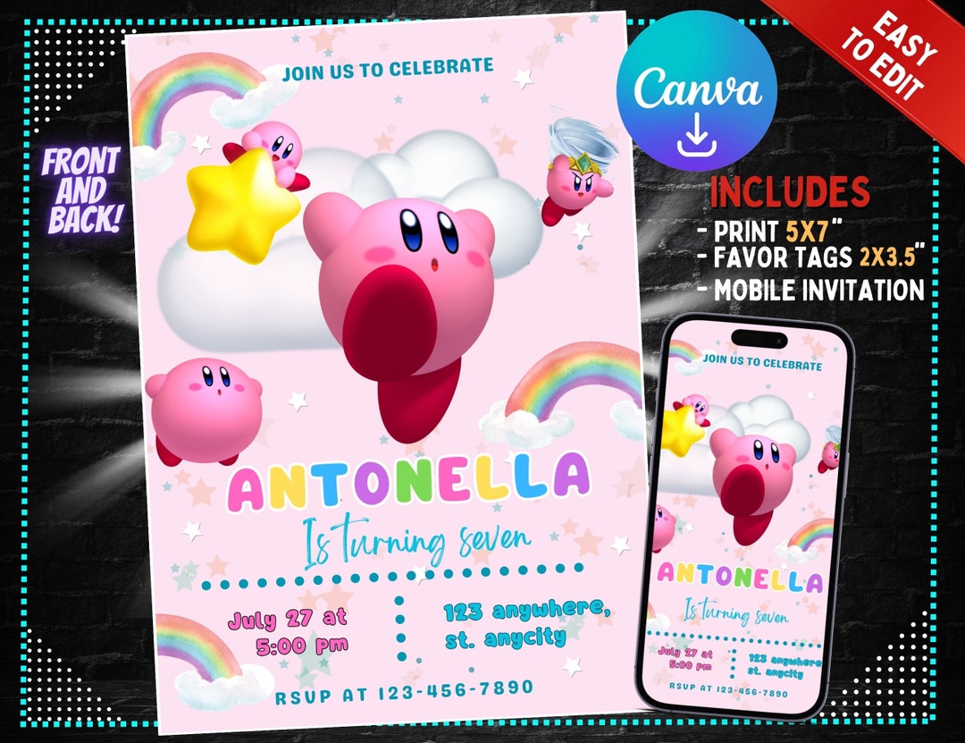 Kirby Birthday Invitation Kirby Birthday Party Invite Printable Editable Girls Invitation Free