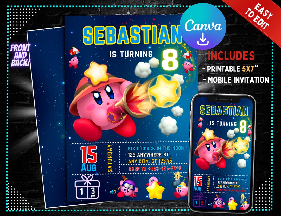 Kirby Birthday Invitation Kirby Birthday Party Invite Printable
