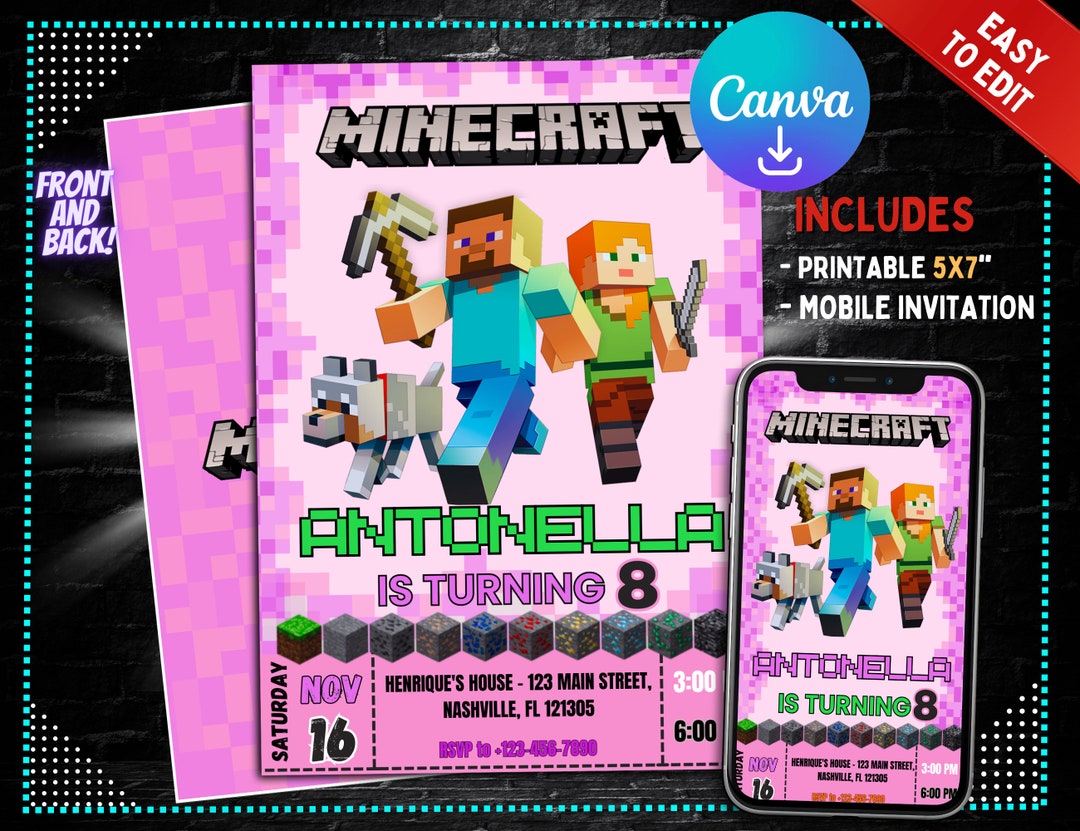 Minecraft Birthday Invitation Minecraft Birthday Party Invite Printable