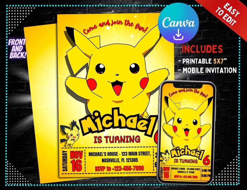 Pikachu Birthday Invitation Pockemon Birthday Party Invite Printable ...