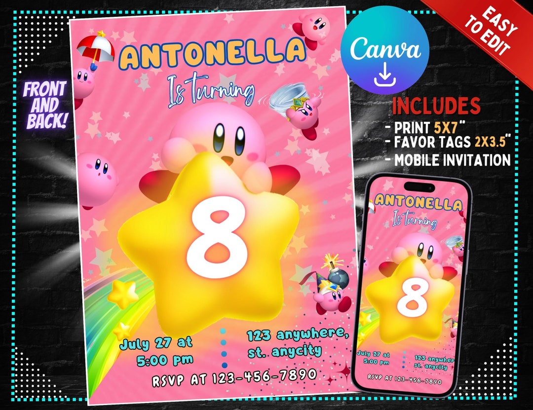 Kirby Birthday Invitation Kirby Birthday Party Invite Printable Editable Girls Invitation Free