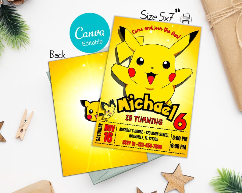 Pikachu Birthday Invitation Pockemon Birthday Party Invite Printable Editable Invitation Free ...