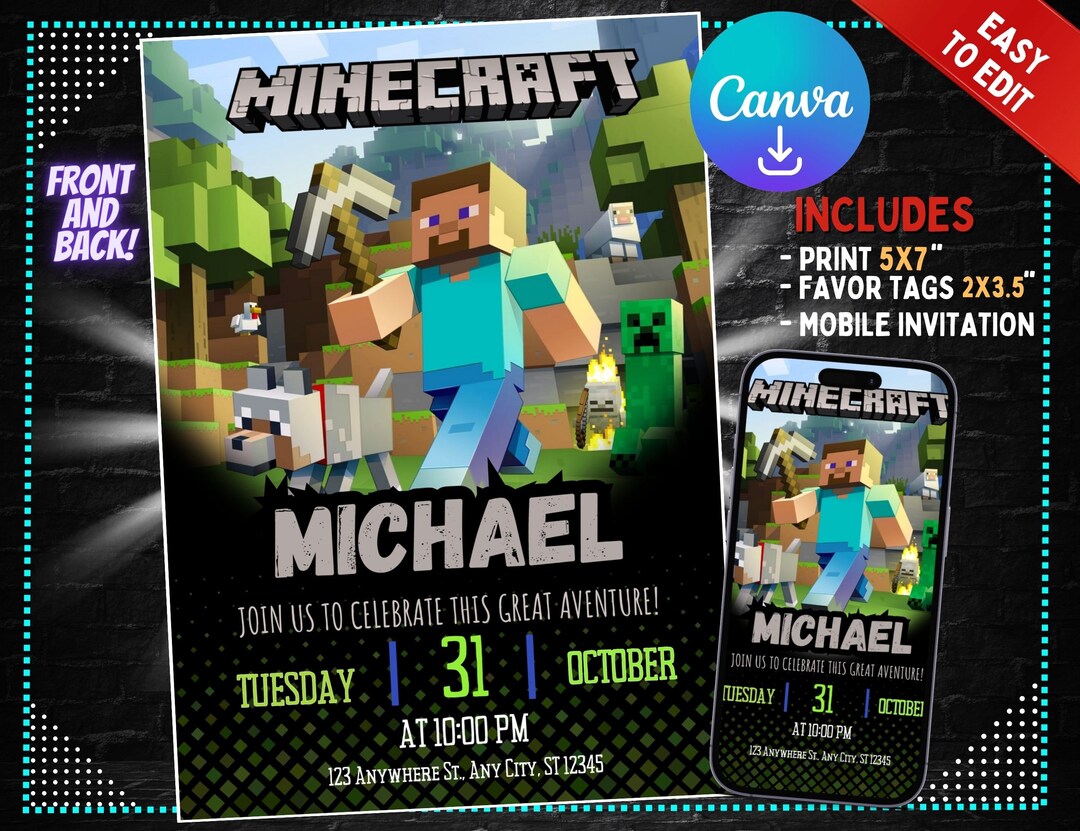 Minecraft Birthday Invitation Minecraft Birthday Party Invite Printable ...