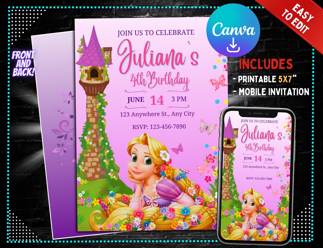 Rapunzel From Tangled Birthday Invitation Birthday Invite Printable