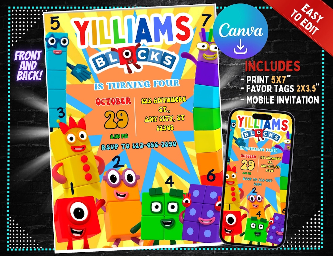 Numberblocks Birthday Invitation Numberblocks Birthday Party Invite