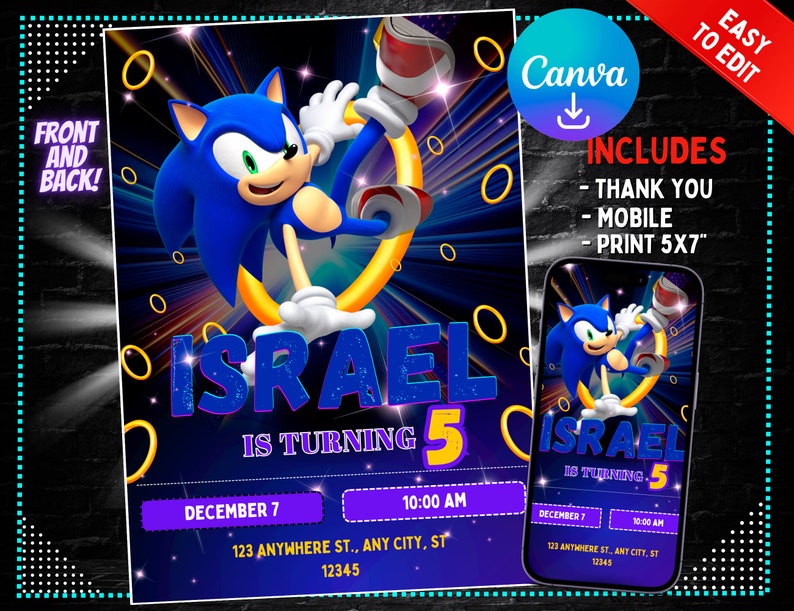 Sonic Birthday Invitation Sonic Birthday Party Invite Editable Digital