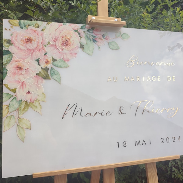 Panneau de bienvenue mariage motif floral pivoines roses peint à la main en peinture sur verre, mariage romantique bohème chic