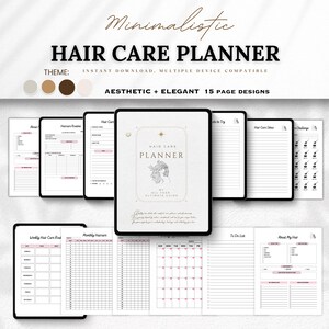 Könnte beinhalten: Ästhetischer Haarpflegeplaner im minimalistischen Design. Das Cover zeigt eine Frauensilhouette und die Worte "Hair Care Planner". Der Planer enthält Abschnitte für Routinen, Ideen und Herausforderungen. Sofortiger Download, kompatibel mit mehreren Geräten.