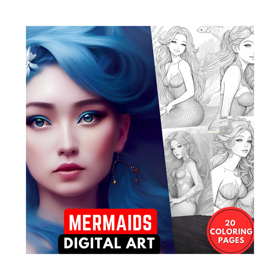 20 Mermaids Coloring Pages Digital Art Prompts Instant Etsy