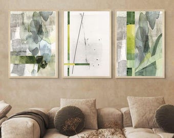 Sage Green Abstract Art Prints, Set of 3, Modern Gallery Wall (Digital Download)