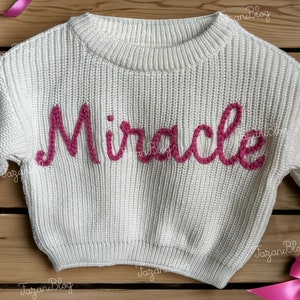 Heartwarming holiday giftsHand Embroidered Toddler Sweaters,Personalized Hand Embroidered Chain Stitched Baby Name Baby Gift Newborn image 2