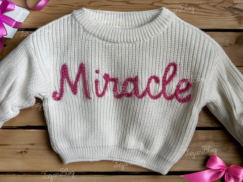 Heartwarming holiday giftsHand Embroidered Toddler Sweaters,Personalized Hand Embroidered Chain Stitched Baby Name Baby Gift Newborn image 2