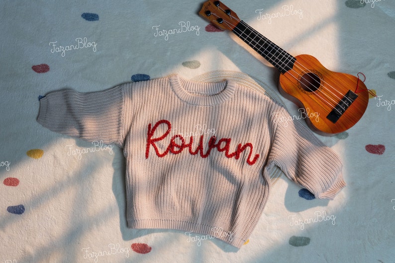 Heartwarming holiday giftsHand Embroidered Toddler Sweaters,Personalized Hand Embroidered Chain Stitched Baby Name Baby Gift Newborn image 5