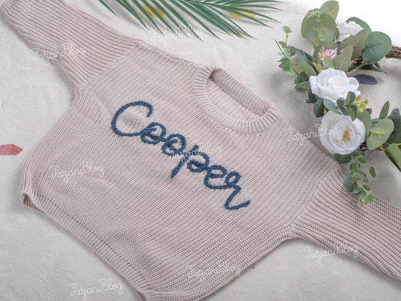 Heartwarming holiday giftsHand Embroidered Toddler Sweaters,Personalized Hand Embroidered Chain Stitched Baby Name Baby Gift Newborn image 4