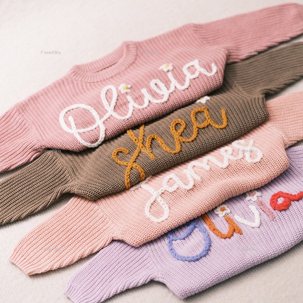 Heartwarming holiday gifts：Hand Embroidered Toddler Sweaters,Personalized Hand Embroidered Chain Stitched Baby Name Baby Gift Newborn