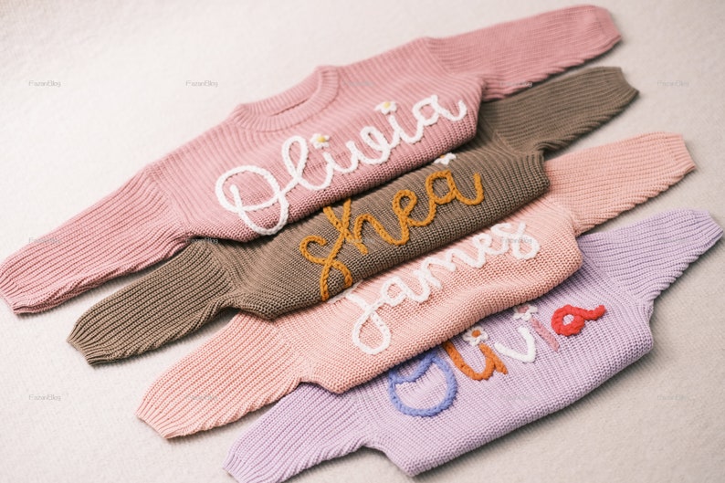 Heartwarming holiday giftsHand Embroidered Toddler Sweaters,Personalized Hand Embroidered Chain Stitched Baby Name Baby Gift Newborn image 1