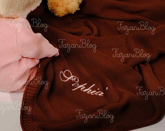 Personalized Baby Blanket - Custom Name Embroidery - Soft Cotton Knit - Stroller and Nursery Blanket - Perfect Newborn Gift