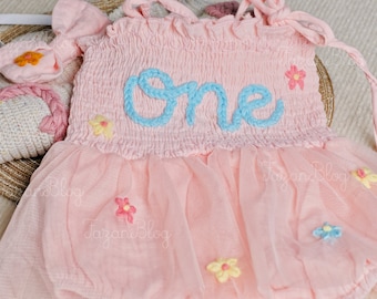 Personalized Name Baby Tutu Dress, Hand-Embroidered First Birthday Romper