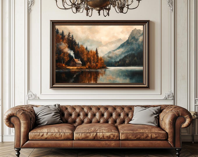 Featured listing image: Mountain Retreat | Vintage-Style Rustic Cabin Print | Oil Painting #11