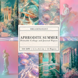 Puede incluir: Una hoja de collage digital con 12 papeles imprimibles que presentan una paleta de colores pastel con imágenes de conchas marinas, estatuas y columnas. El texto "DREAMOLOGIST APHRODITE SUMMER Printable Collage and Journal Papers 300 DPI | 5.5 x 8.5 in | 12 Papers" está incluido en la imagen.