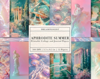 May include: A digital collage sheet with 12 printable papers featuring a pastel color palette with images of seashells, statues, and columns. The text "DREAMOLOGIST APHRODITE SUMMER Printable Collage and Journal Papers 300 DPI | 5.5 x 8.5 in | 12 Papers" is included in the image.