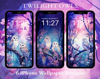 Twilight Owls Phone Wallpaper | Pastel Colors Lock Screen (Set of 6) (Digital Download)