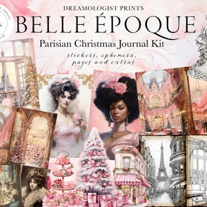 Carnet parisien Belle Époque de Noël, esthétique pastel vintage, stickers imprimables, éphémères, scrapbooking, vacances de Noël en France