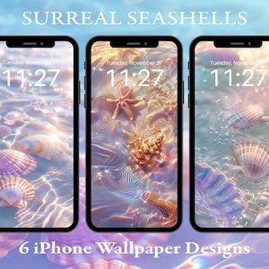 Op de afbeelding: Zes iPhone-achtergronden met iriserende schelpen en zeesterren op een blauwe en witte achtergrond. De tijd op de telefoonschermen is 11:27.