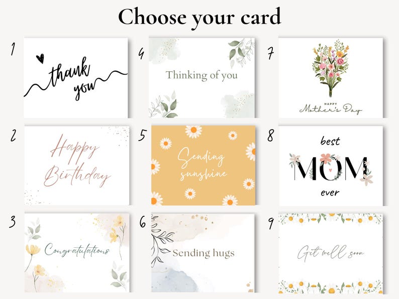 May include: A collection of greeting cards with different designs and messages. The cards feature phrases such as "Thank You," "Happy Birthday," "Congratulations," "Thinking of You," "Sending Sunshine," "Sending Hugs," "Happy Mother's Day," "Best Mum Ever," and "Get Well Soon."