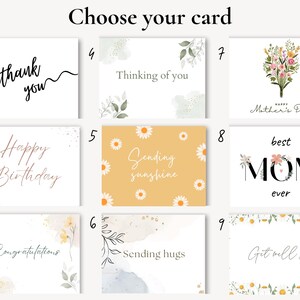 May include: A collection of nine greeting cards with various designs and messages. The cards include phrases like "Thank You," "Happy Birthday," "Congratulations," and "Get Well Soon." Floral and watercolor elements are featured.
