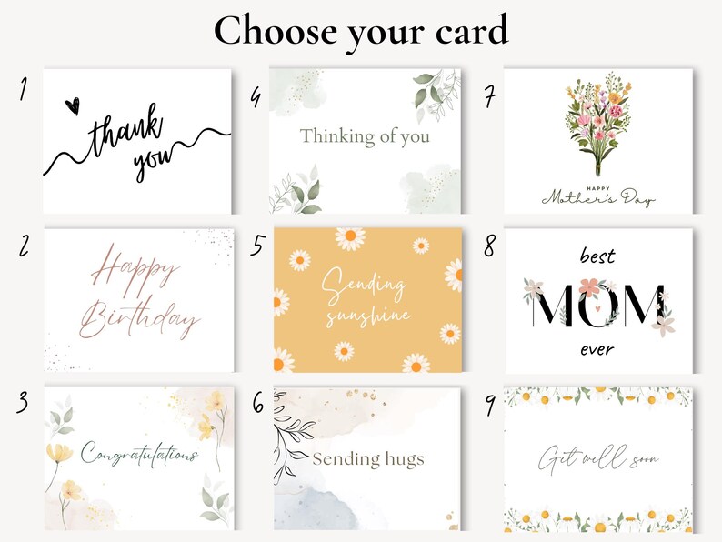 May include: A collection of nine greeting cards with various designs and messages. The cards include phrases like "Thank You," "Happy Birthday," "Congratulations," and "Get Well Soon." Floral and watercolor elements are featured.